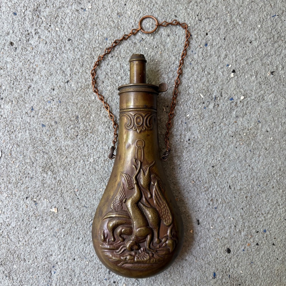Antique Brass Black Powder Flask Embossed Hunting Scene Dog Birds Spout Chain